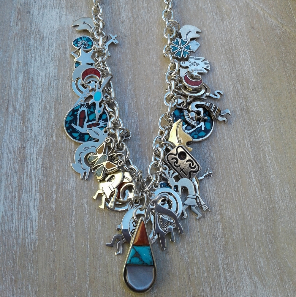 Sterling Silver Massive Charm Necklace with Genuine Gemstones